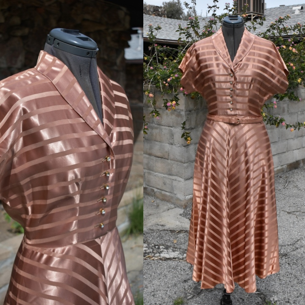 Vintage rose gold sateen stripped day dress